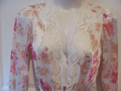 Vtg RARE Olga Long Rose Floral Lace Peignoir Robe Medium 94280