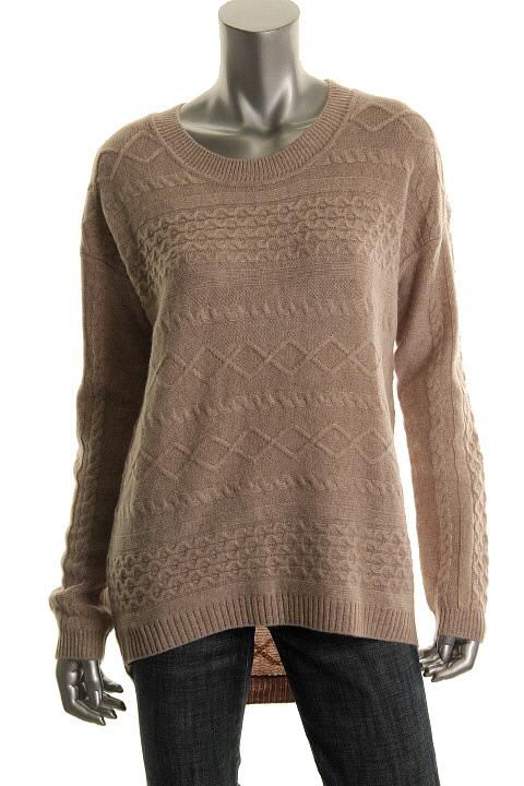 Hayden New Tan Cashmere Cable Stripe Hi Low Hem Crew Neck Pullover