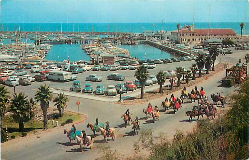 CA Santa Barbara California Yacht Harbor Spanish Fiesta Day 50s Cars