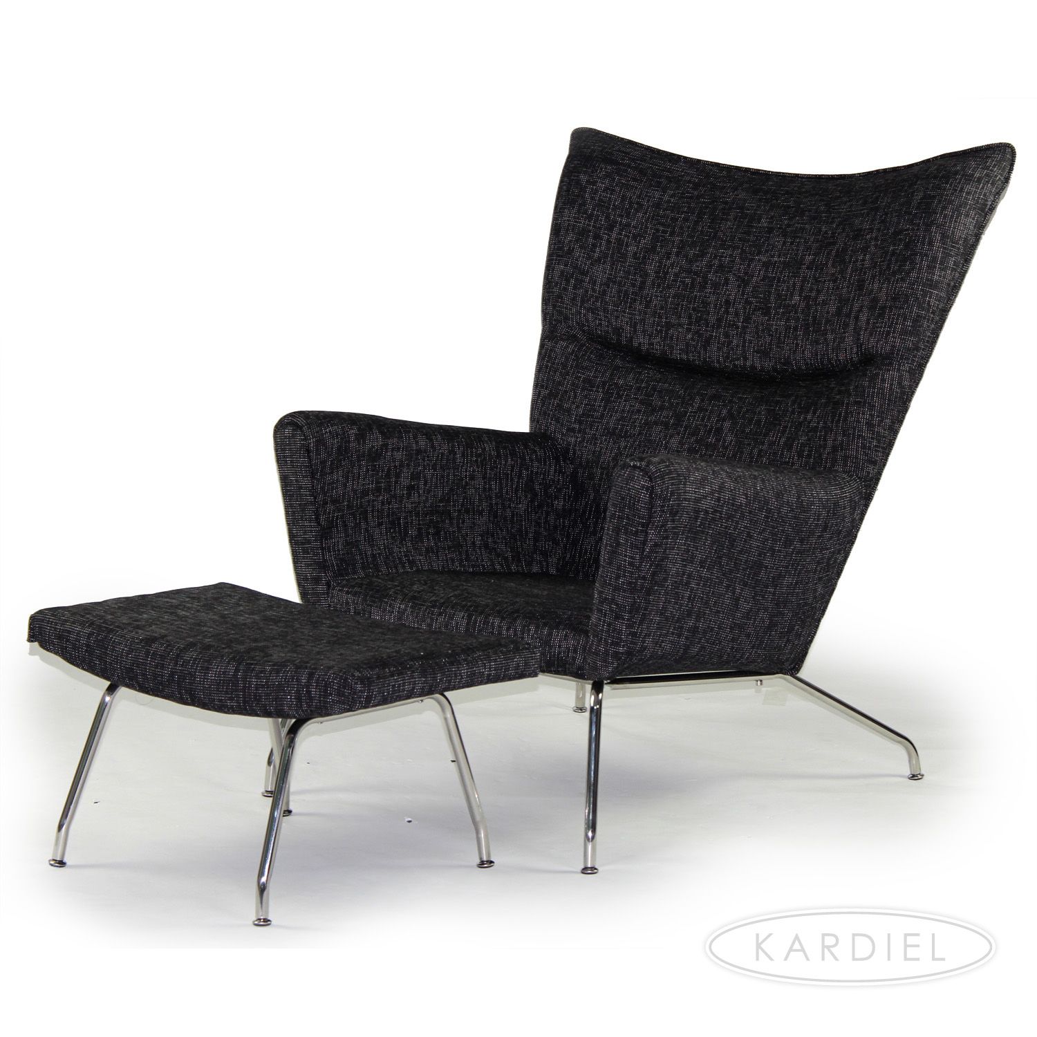 Hans J Wegner Style Wing Chair & Ottoman, Graphite Retrospeck Twill