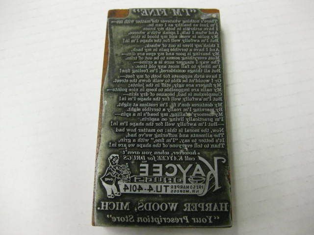 Kaycee Drugs Vintage Printer Block Harper Woods MI