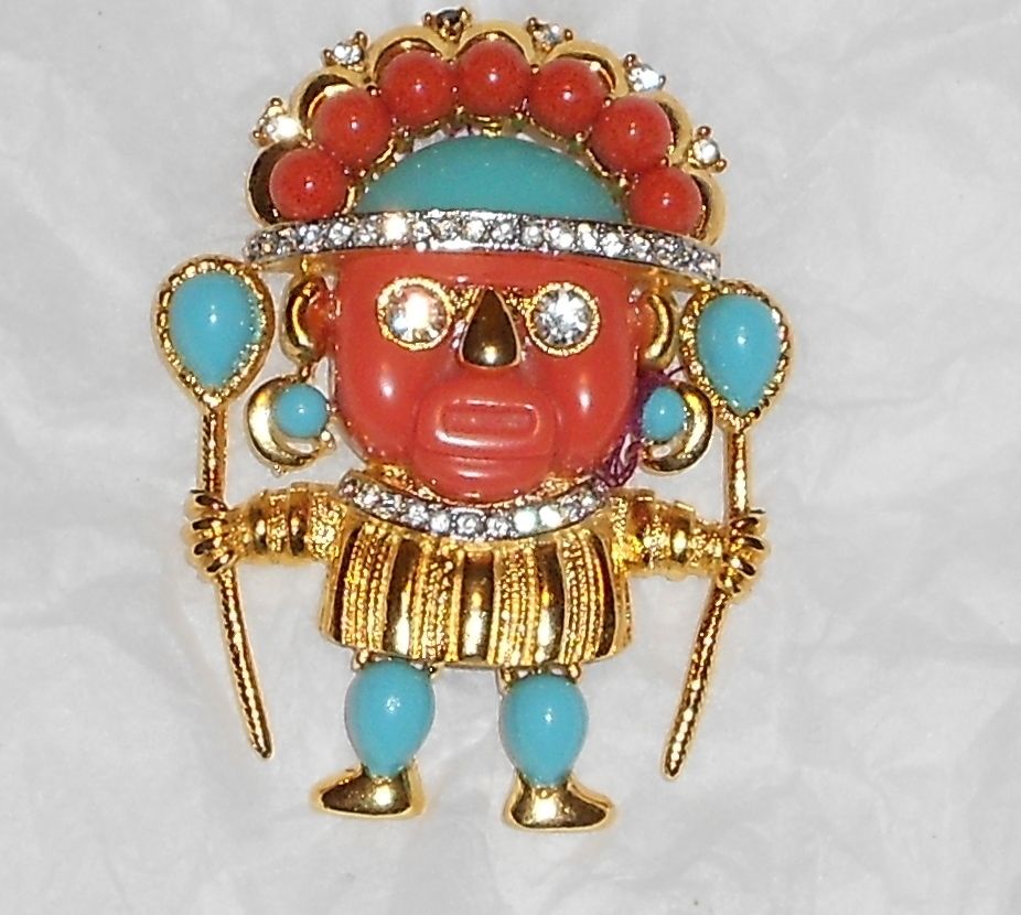 Hattie Carnegie RARE Warrior Man Coral Turquoise Brooch