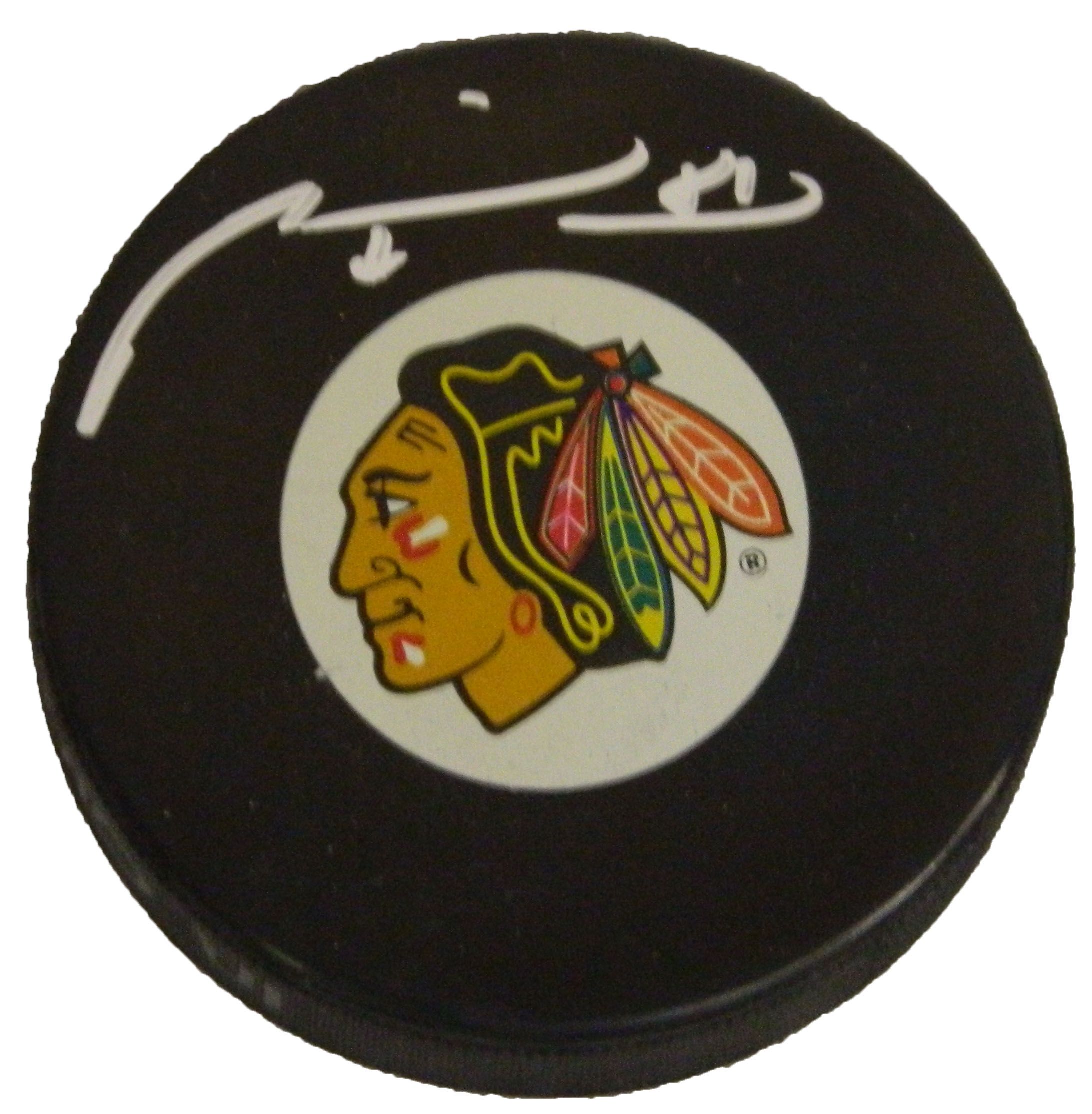 Marian Hossa Signed Blackhawks Logo Hockey Puck Schwartz