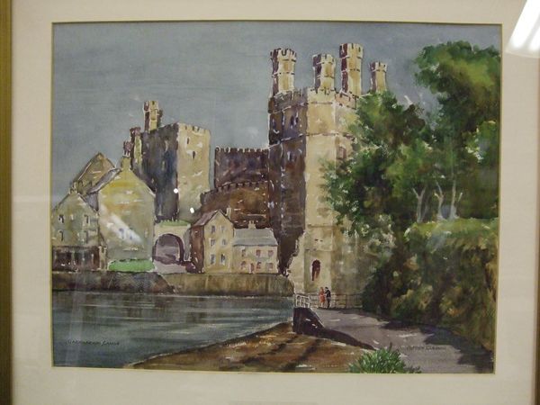  beautiful watercolor paining of the caenarvon castle and city by the