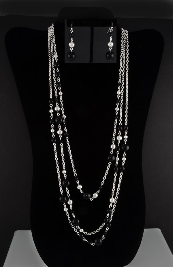 Nickel Free Sterling EP Black Bead Nesting Necklace and Earring Set