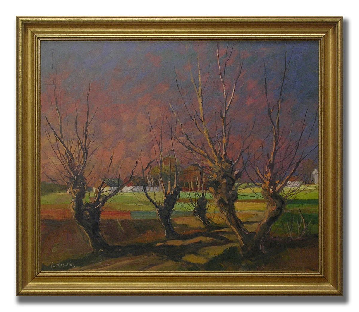 HJALMAR LARSSON WILLOWS AT SUNSET Colourful Original Swedish Oil