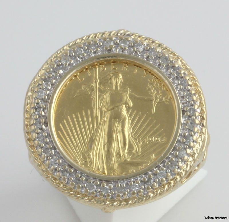  Eagle Coin .16ctw Diamond Ring   10k Gold Setting 22k Gold Coin