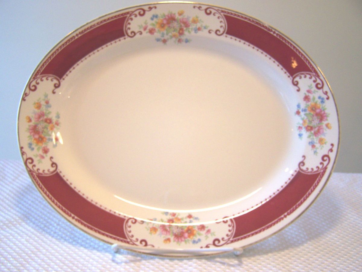 Vintage Homer Laughlin Red Burgandy Floral Lady Alice 13 Oval Serving