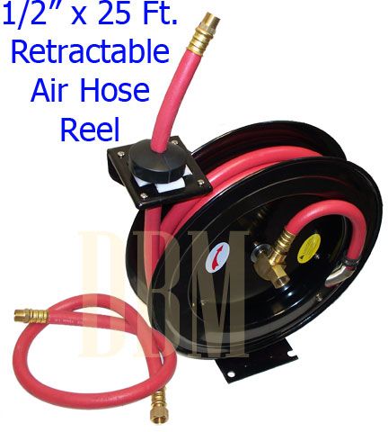 25 ft Retractable Rubber Air Hose Reel 300 PSI