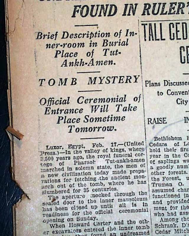  Pharaoh Sarcophagus Tomb Opening Howard Carter 1923 Newspaper