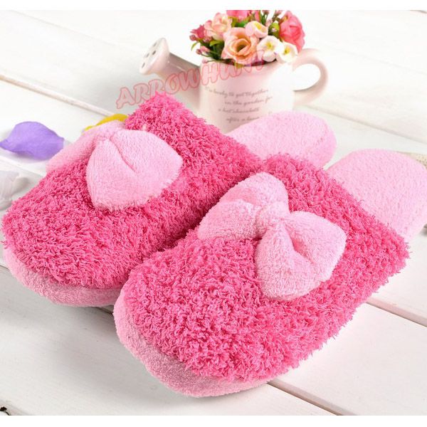 Lovely Korean Girls Winter Furry Cute Bow Slipper House Shoes Warm