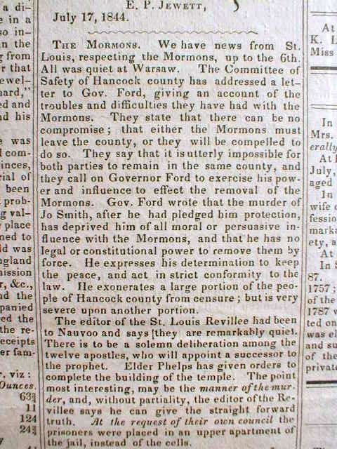 Orig 1844 Vermont Newspapers Mormon War Nauvoo Illinois Joseph Smith