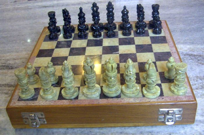 Hand Carved Indian Stone Chess Set w Folding Marble Top Board Large 10