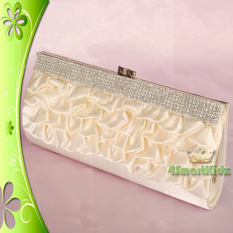 Ivory Satin Clutch Flap Bag Diamante Evening Wedding Bridal Party Prom