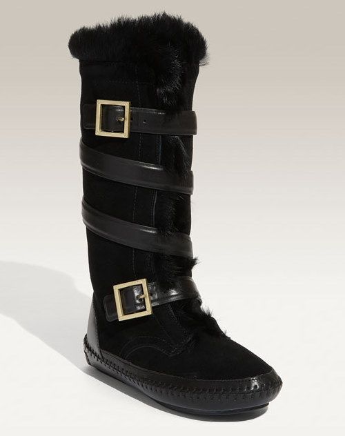 Tory Burch Womens Jaden Rabbit Fur Black Buckle Belt Strappy Boots