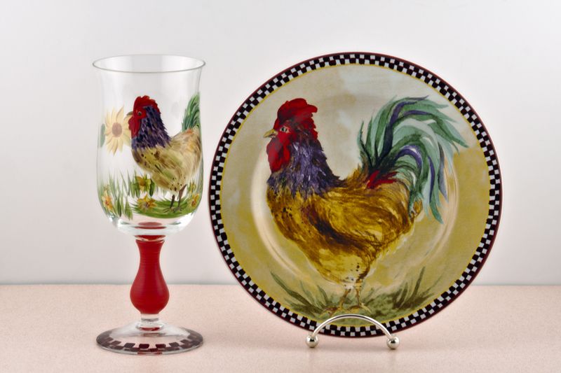 5pc Place Setting Sakura Chanticleer Rooster Sunflower Plate, Bowl