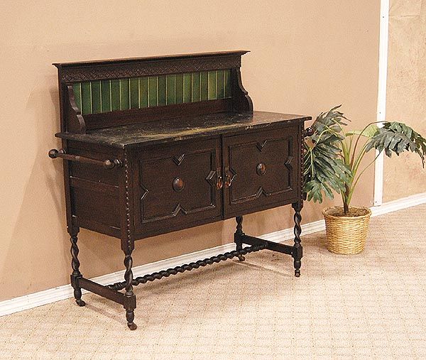 Antique Oak Jacobean Washstand Vanity w Green Tiles