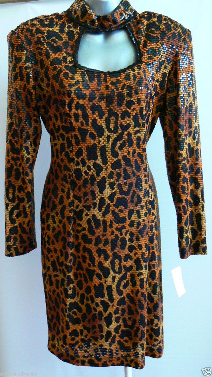 Janine Italy Wild Cat Leopard Print Evening Cocktail Dress Sz 6