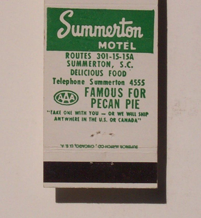 1950s Summerton Motel Pecan Pie Matchbook Summerton SC