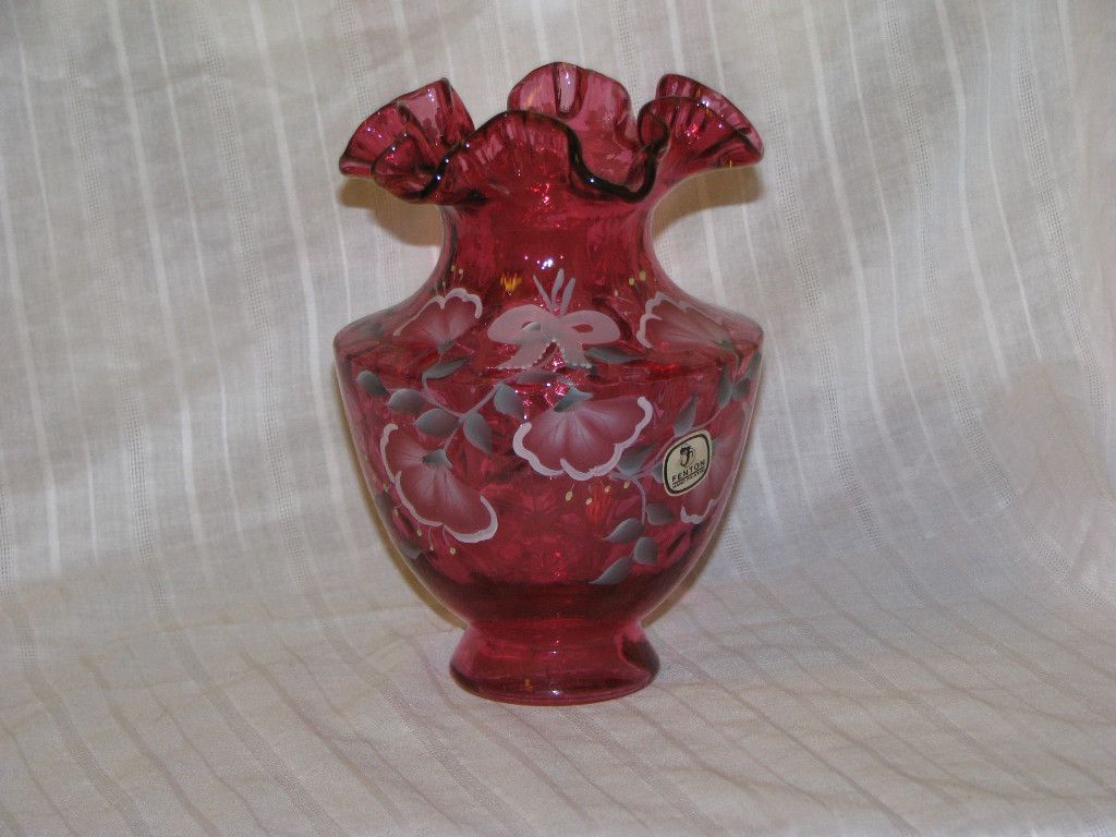  Cranberry Hand Painted Floral Bows Ruffle Rim Vase signed D Anderson 7