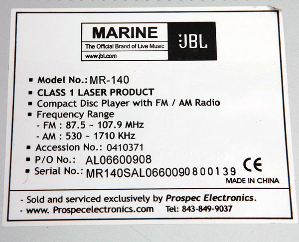 JBL Mr 140 Silver Marine Am FM CD Stereo not Tested as Is