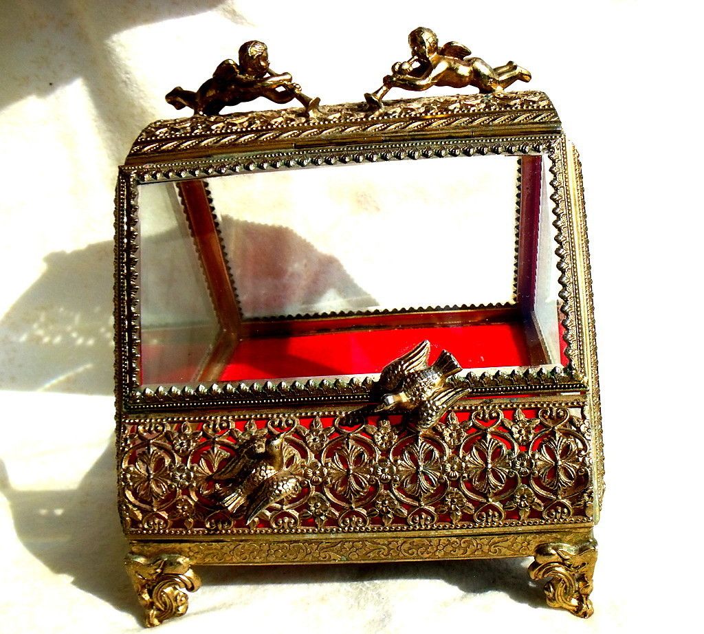 RARE Antique Ormule Jewelry Box Casket Cherubs Angels Doves Beveled