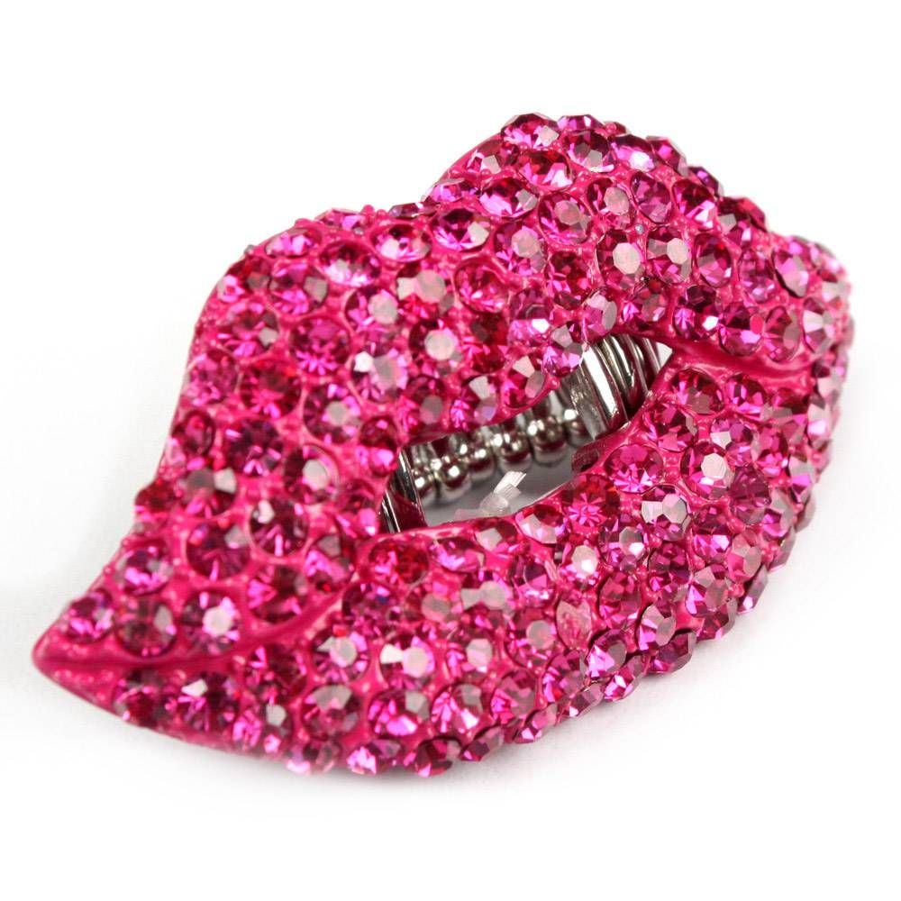 Hot Pink Rhinestone Stretch Cocktail Lips Kiss Ring