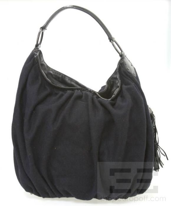 Jill Stuart Navy Blue Wool Black Patent Tassel Hobo Bag