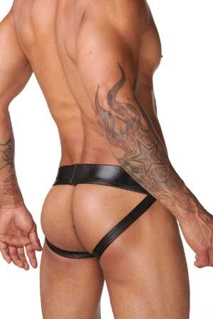 N2N Black Jock Strap Leather Rubber Neoprene Look