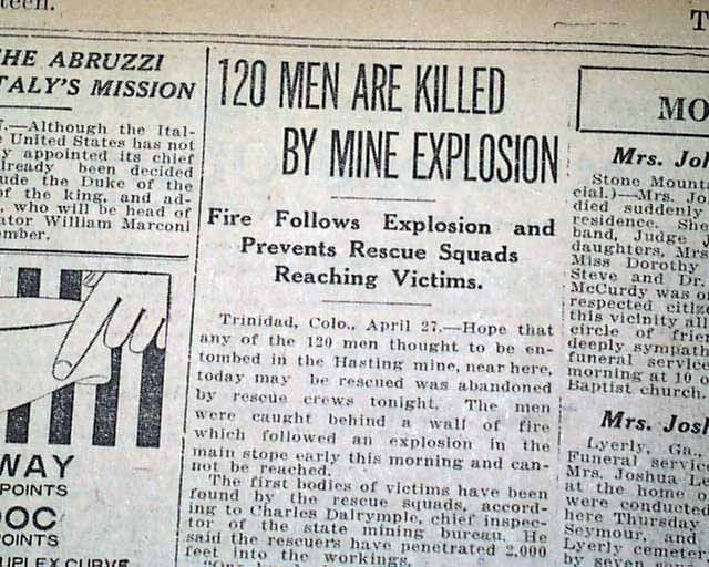 Hastings Mine Explosion Trinidad Co 1917 Old Newspaper