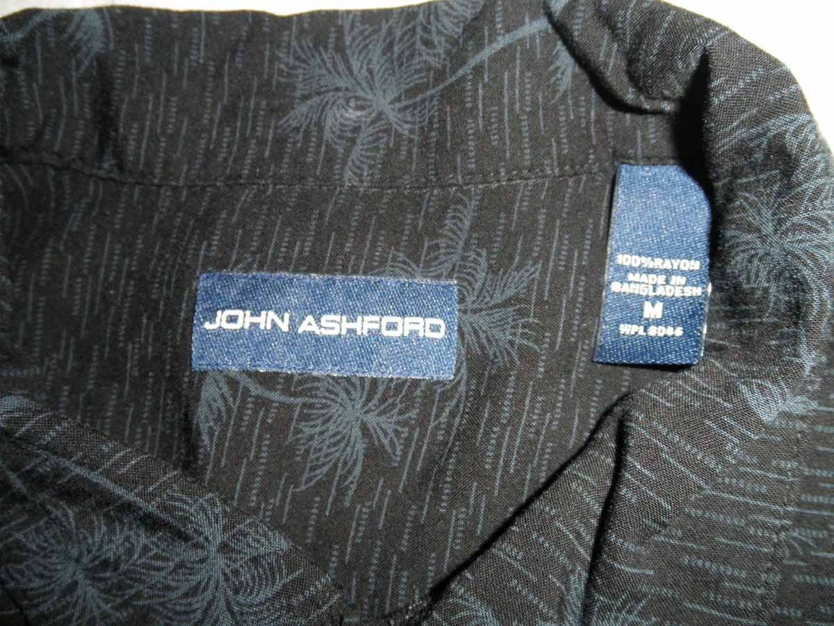 John Ashford Men's Hawaiian Shirt Medium Palm Tree Design Black Blue Button Down  