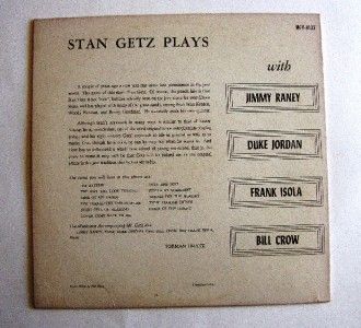 Vinyl Jazz Album Stan Getz Stan Getz Plays on Verve MG V8133 HI FI LP Record  