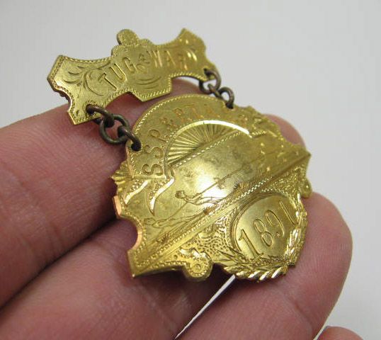 Vintage Victorian Gold Tug of War Medal 1891 SSP Ptabs Unique John Robbins  