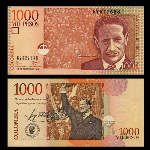 1000 Pesos Banknote Colombia 2009 Honoring Jorge Gaitán Pick 456 Crisp UNC  