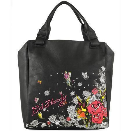 ED HARDY KAROLINA FLORAL GARDEN PARTY BLACK TOTE *FREE PRIOIRITY SHIP