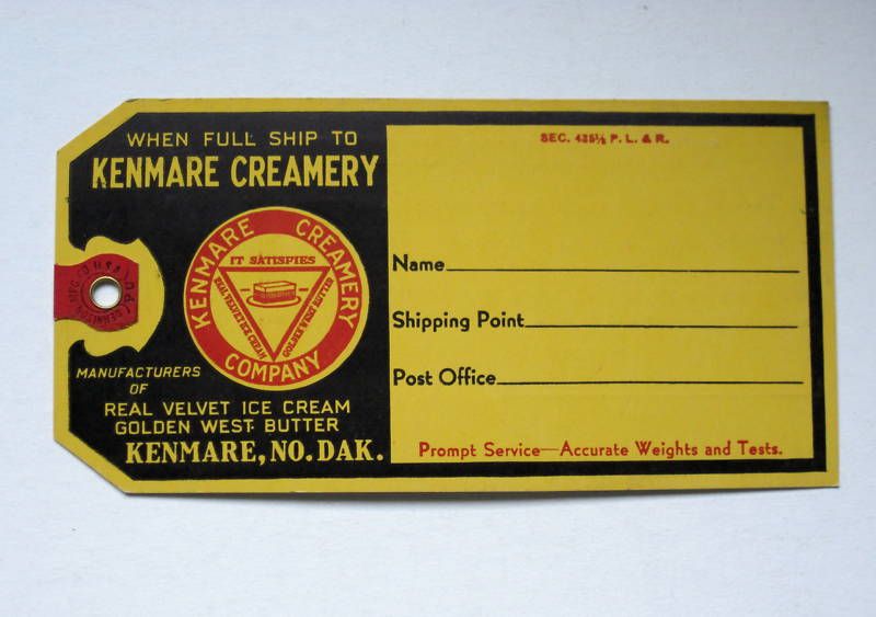 Old Kenmare Creamery Cream Can Shipping Tag Kenmare ND