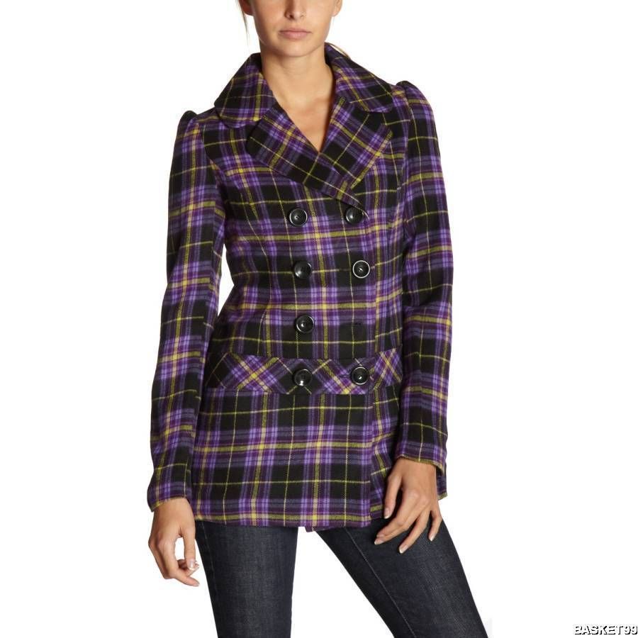 Kensie Girl Juniors Plaid Peacoat Coat Jacket Purple Yellow Black