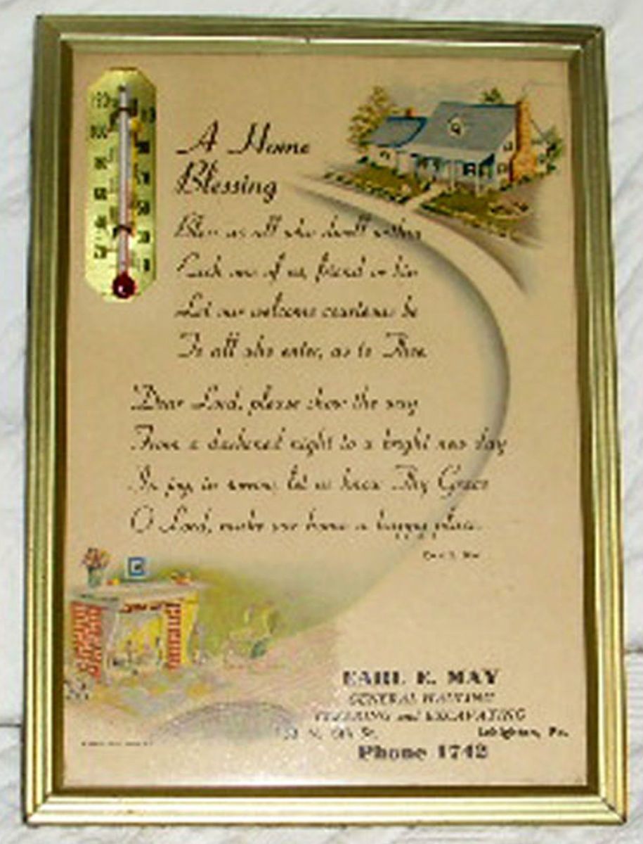 Vintage Adv Lehighton PA Thermometer Earl E May Illus Poem 1950 A Home