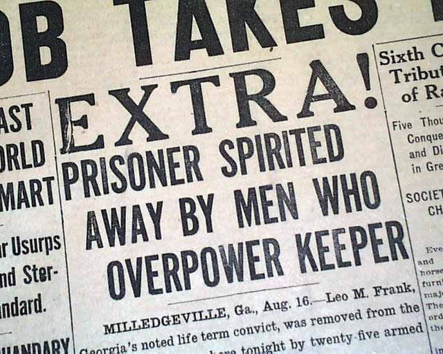 Leo Frank Lynched Hanged Mary Phagan 1915 Newspaper Mob