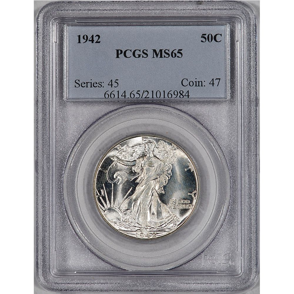 1942 US Walking Liberty Silver Half Dollar 50c PCGS MS65