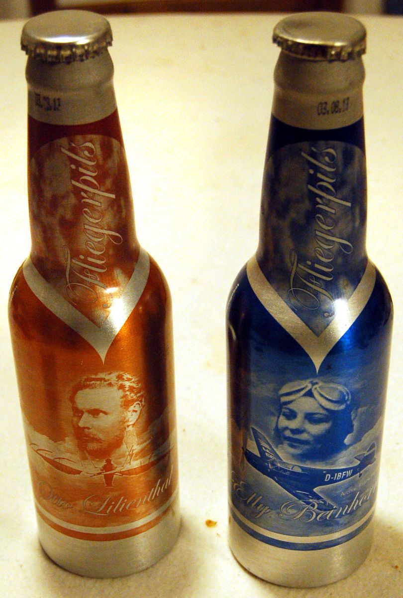 german Alu bottles pilots beer FLIEGERPILS O Lilienthal E Beinhorn