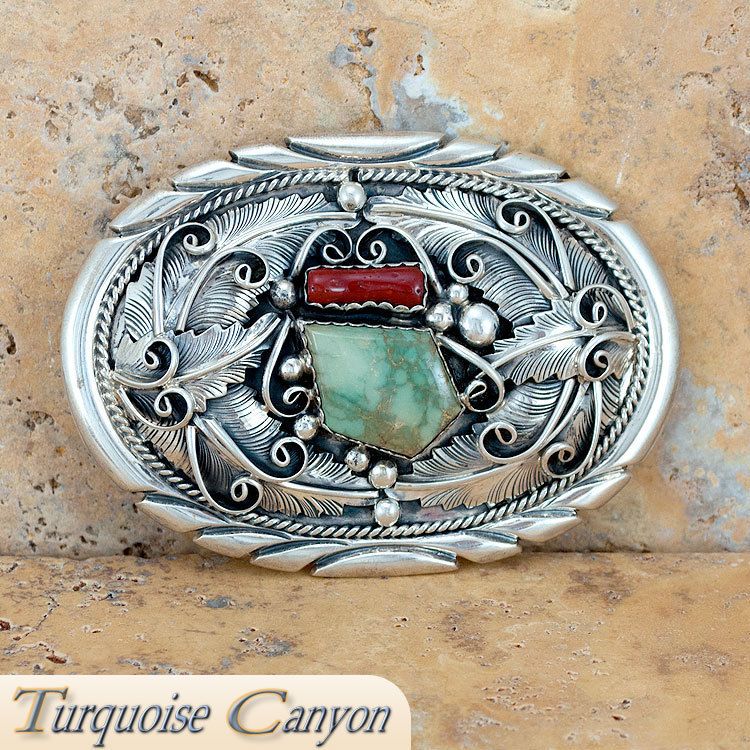 Navajo Native American King Manassa Turquoise & Coral Belt Buckle SKU