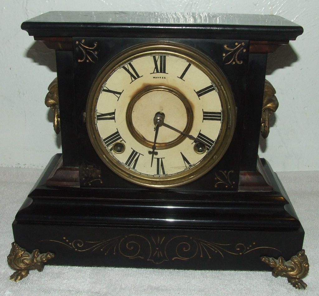 ANSONIA Victorian Cast Iron Mantel Clock; Lion Handles & Dragon Feet on ...