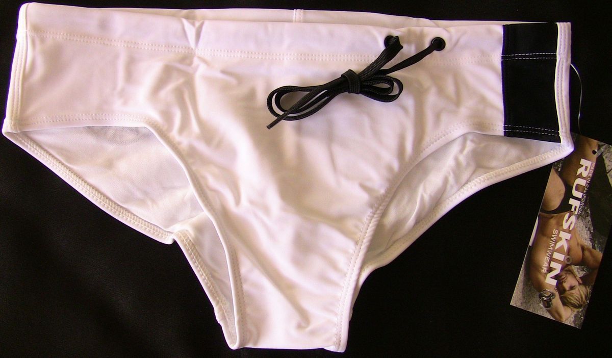 Mens Rufskin Denim Mark White Swimwear Trunks Swim Briefs