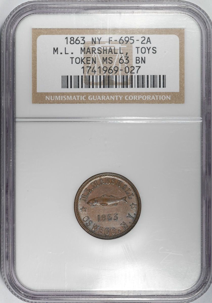 1863 M L Marshall Oswego New York F695A 2A Copper NGC MS63BN