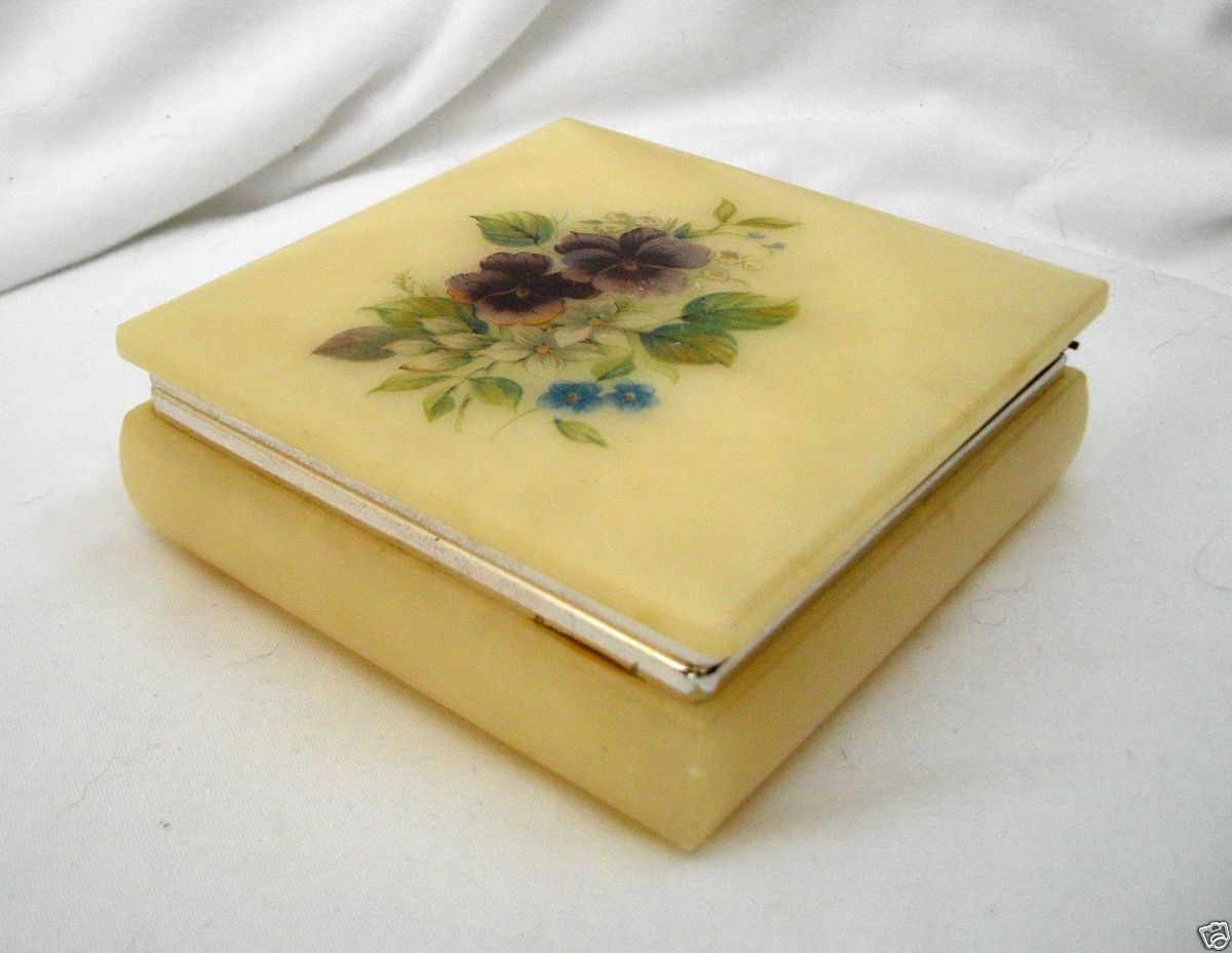 Genuine Alabaster Trinket Box 4 Square Hinged w Pansies Decorative