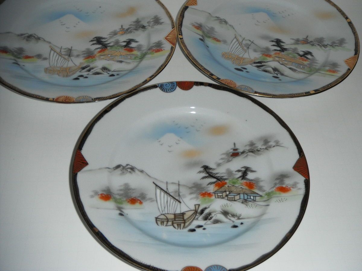 KUTANI JAPANESE 1950S PLATES MOUNTAIN VILLAGE SCENE /MARKED /GREAT