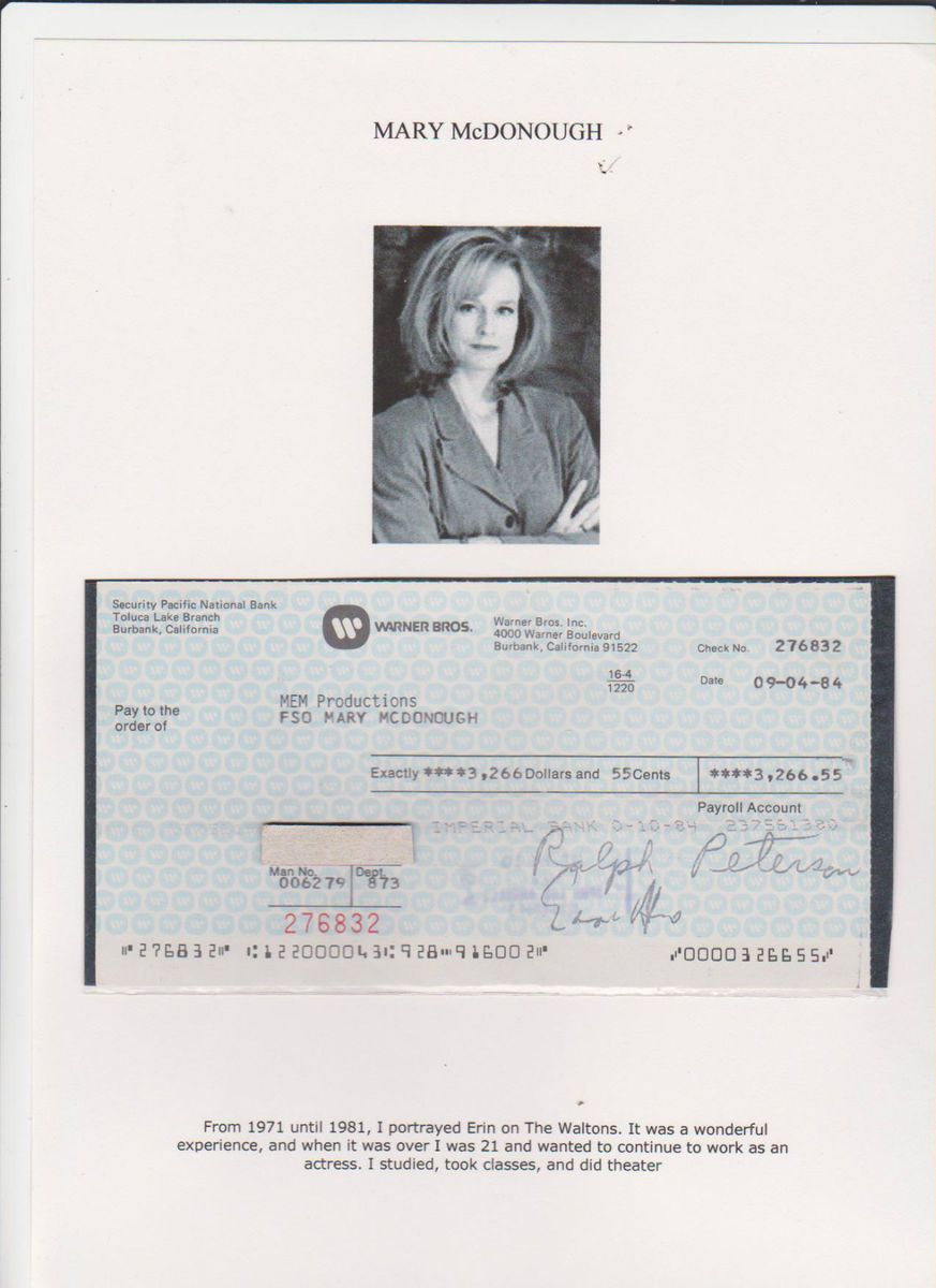Warner Brothers cheque to Mary McDonough 1984