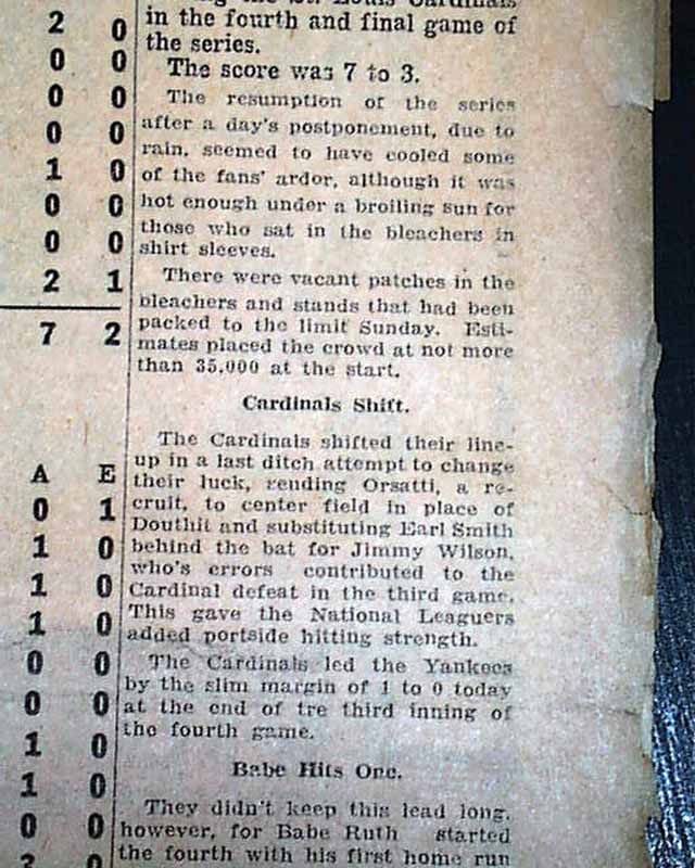 Yankees Win World Series Babe Ruth 3 Hrs 1928 Newspaper