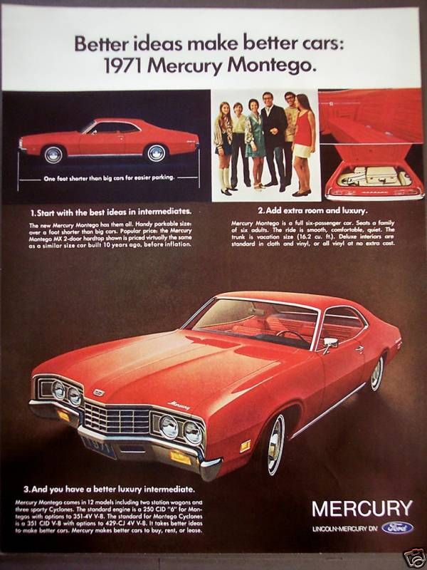 1970 Vintage Car Ad Red Mercury Montego 71 Automobile